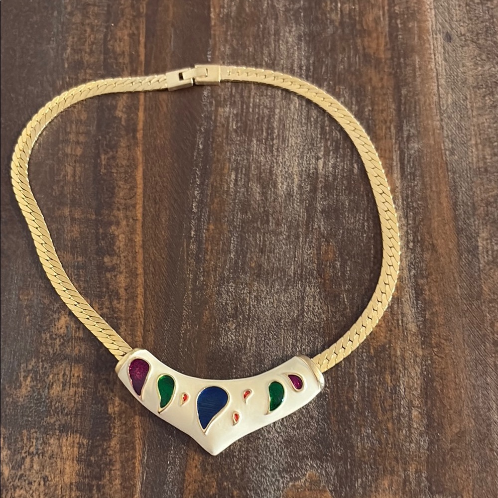 Vintage Herringbone white with multicolored accents. Enamel Collar Necklace